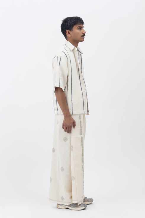 NEENDAKARA Hand Woven & Hand Block Printed Kasavu Mundu